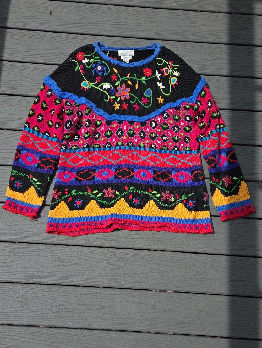 Casual Corner Black Knit Sweater with Bright Floral Embroidery